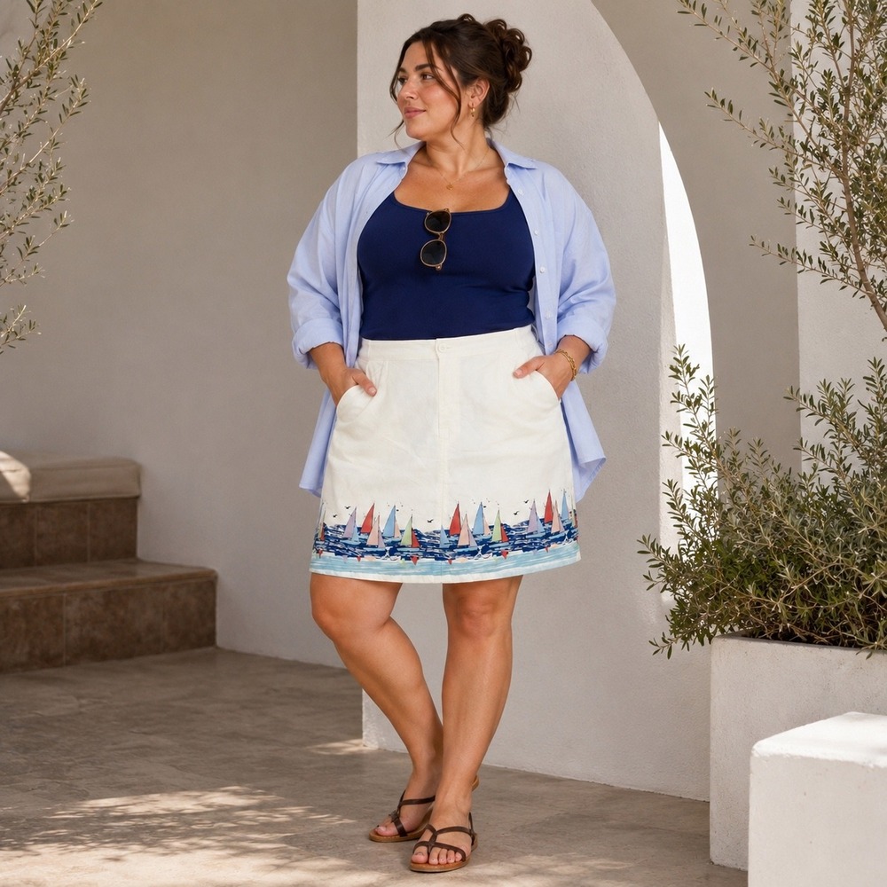 Boca Bay Women's 14 White Sailboat Print Nautical Cotton Skort Large Coastal